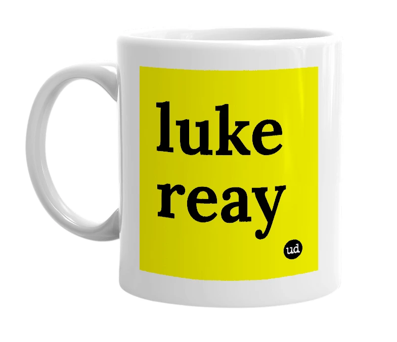 White mug with 'luke reay' in bold black letters