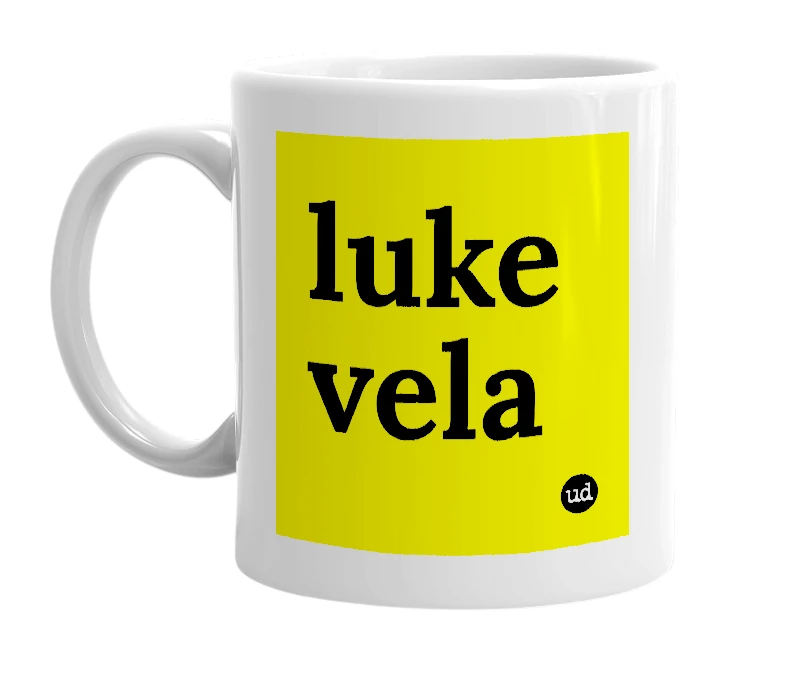 White mug with 'luke vela' in bold black letters
