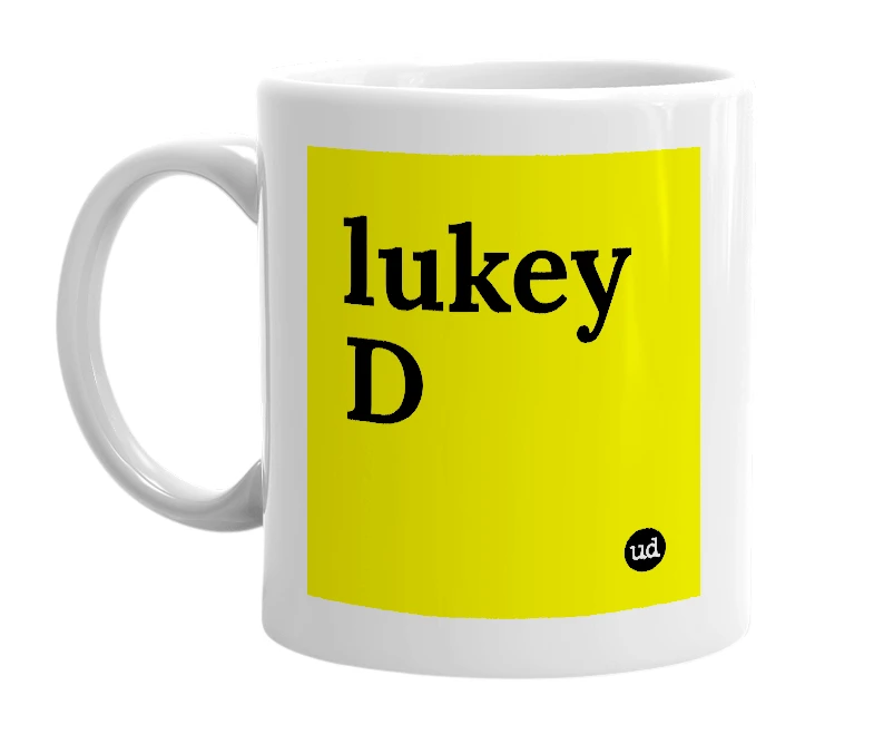 White mug with 'lukey D' in bold black letters