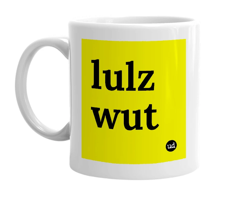 White mug with 'lulz wut' in bold black letters