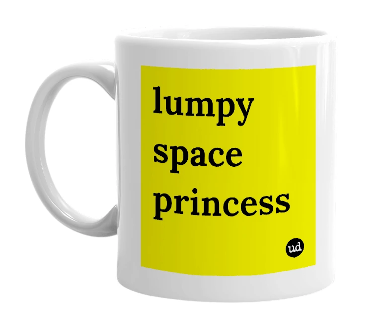 White mug with 'lumpy space princess' in bold black letters