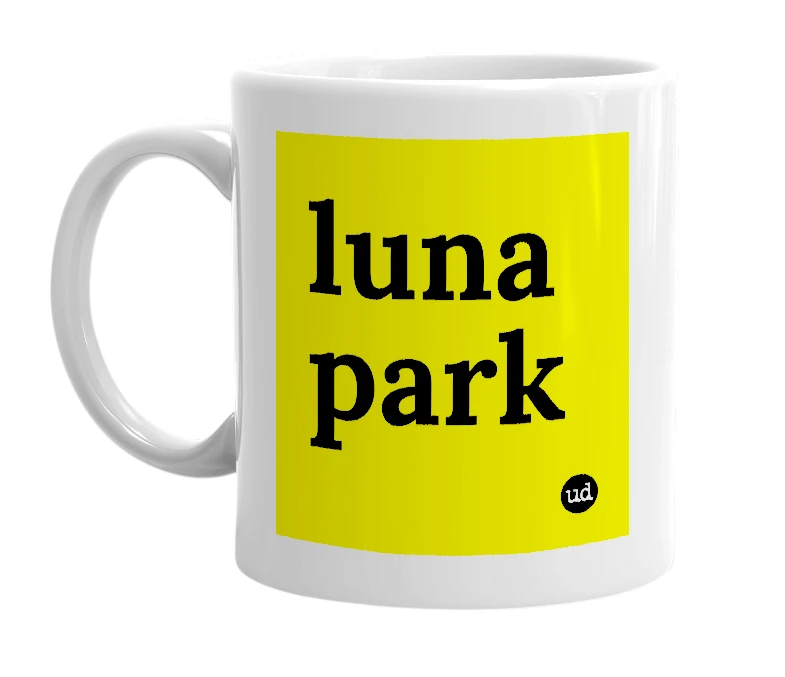 White mug with 'luna park' in bold black letters