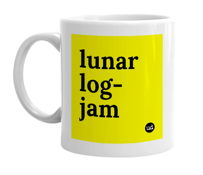 White mug with 'lunar log-jam' in bold black letters