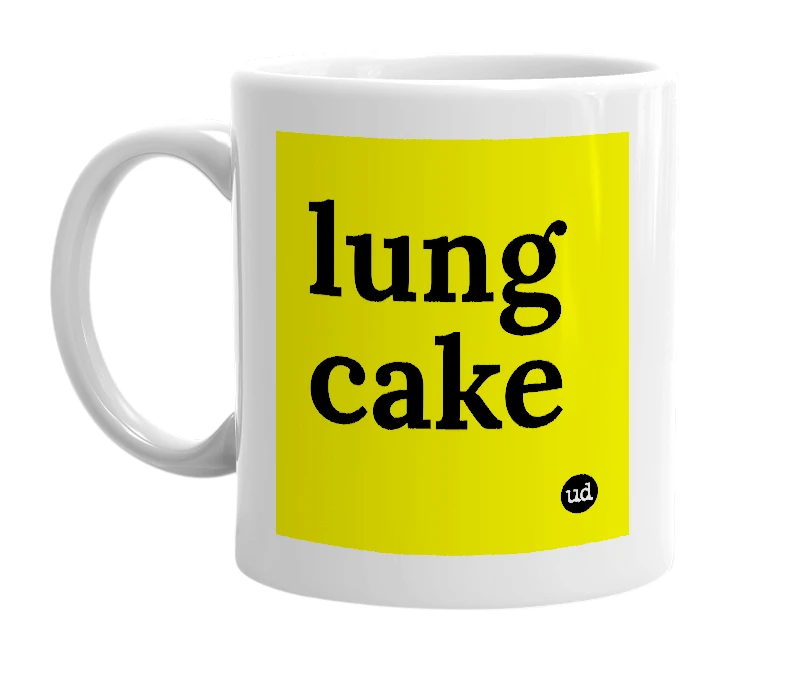 White mug with 'lung cake' in bold black letters