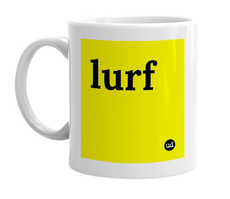 White mug with 'lurf' in bold black letters
