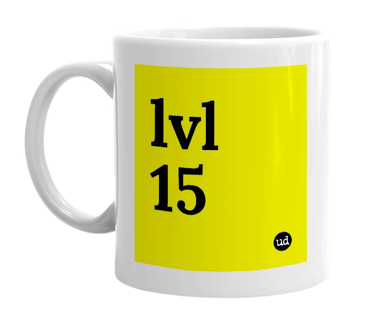 White mug with 'lvl 15' in bold black letters