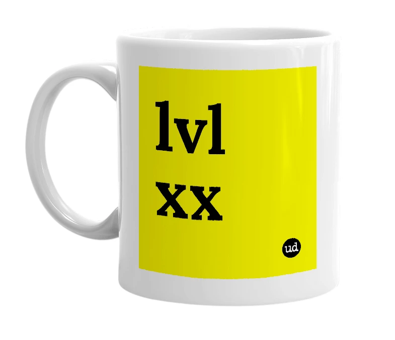 White mug with 'lvl xx' in bold black letters