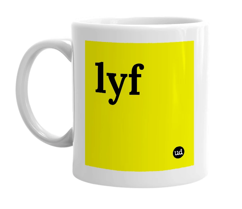 White mug with 'lyf' in bold black letters