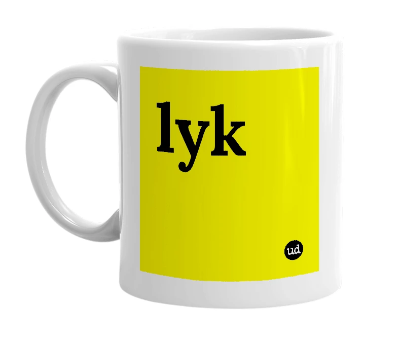 White mug with 'lyk' in bold black letters