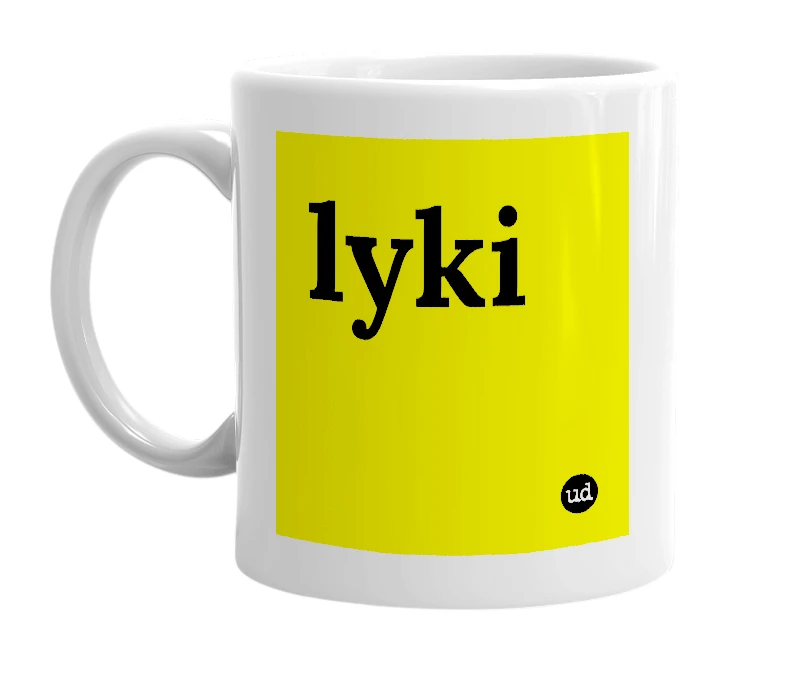 White mug with 'lyki' in bold black letters
