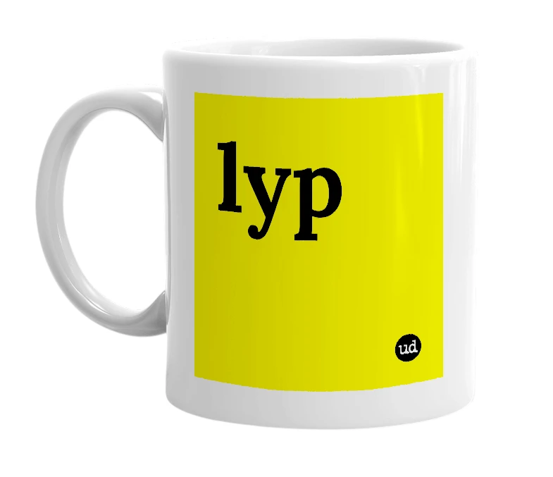 White mug with 'lyp' in bold black letters