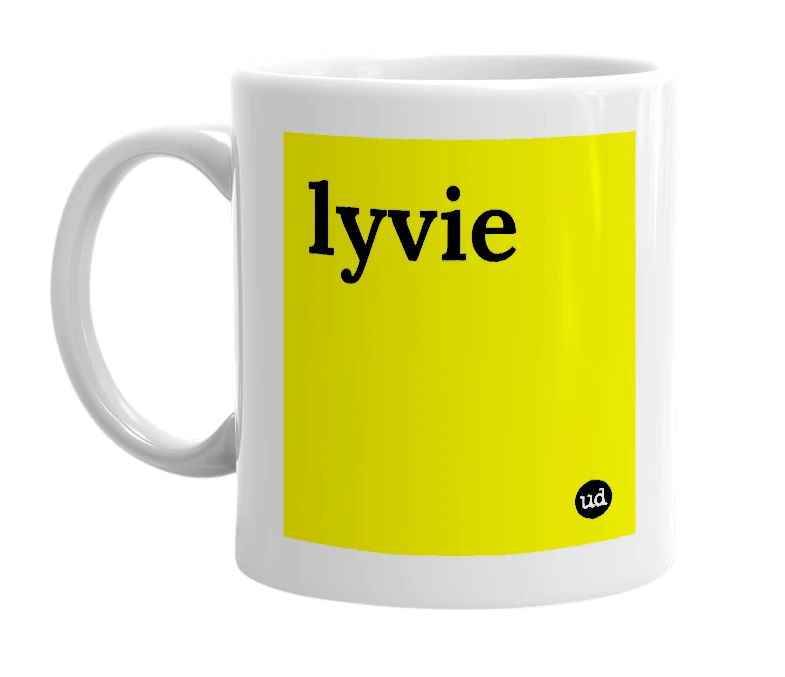 White mug with 'lyvie' in bold black letters