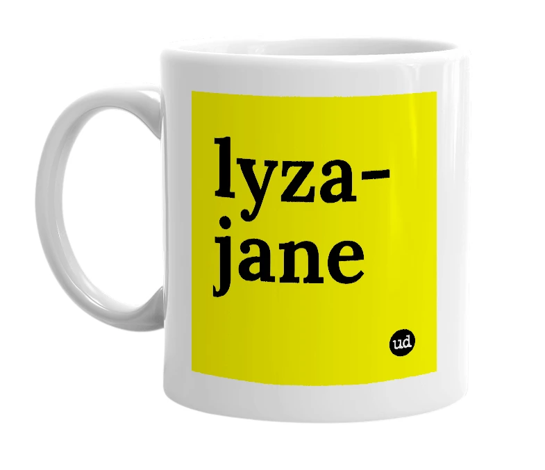 White mug with 'lyza-jane' in bold black letters