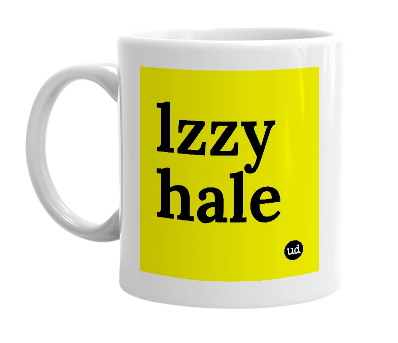 White mug with 'lzzy hale' in bold black letters