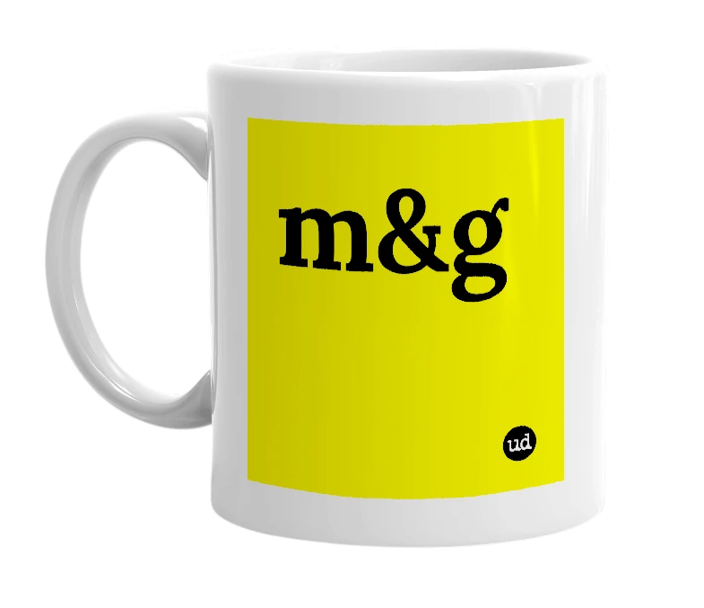 White mug with 'm&g' in bold black letters