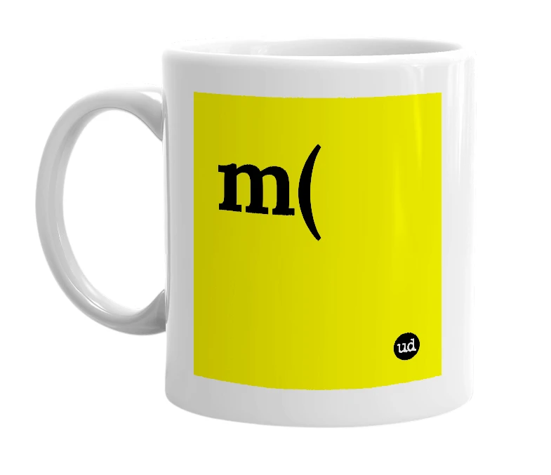 White mug with 'm(' in bold black letters