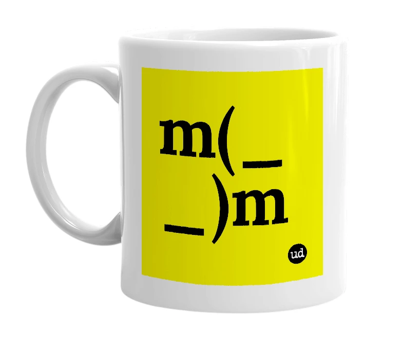 White mug with 'm(_ _)m' in bold black letters