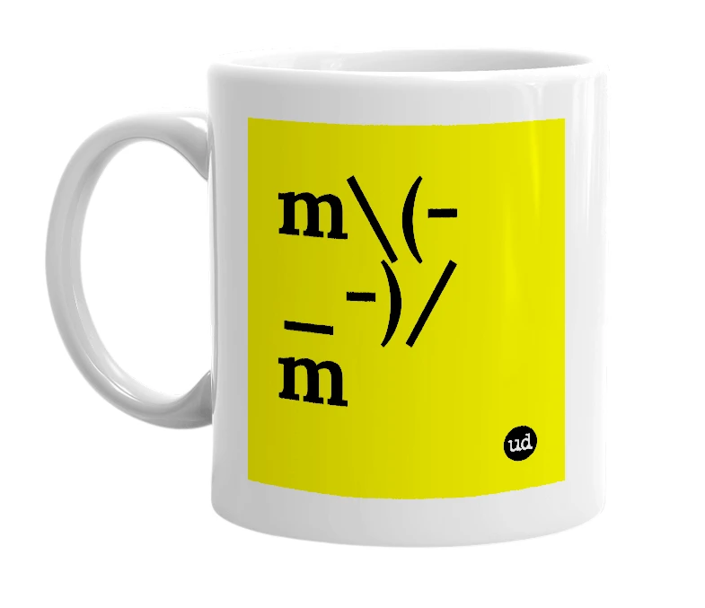 White mug with 'm\(-_-)/m' in bold black letters