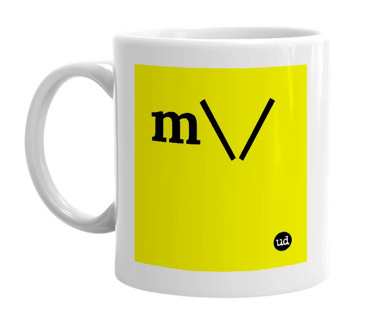 White mug with 'm\/' in bold black letters