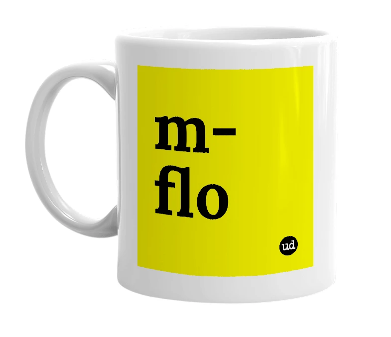 White mug with 'm-flo' in bold black letters