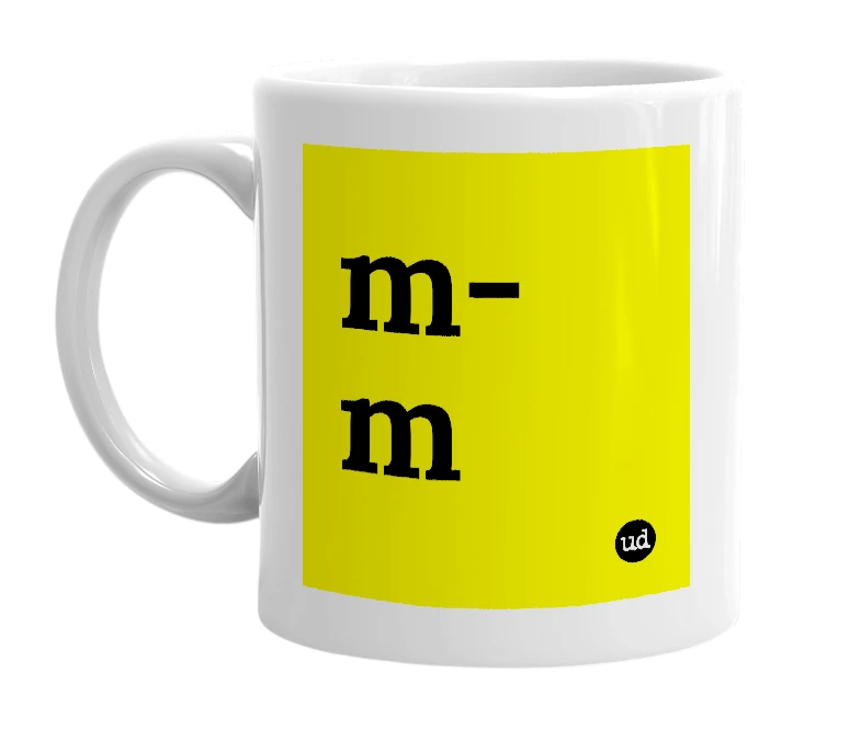White mug with 'm-m' in bold black letters