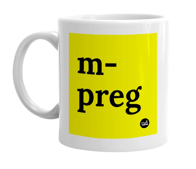 White mug with 'm-preg' in bold black letters