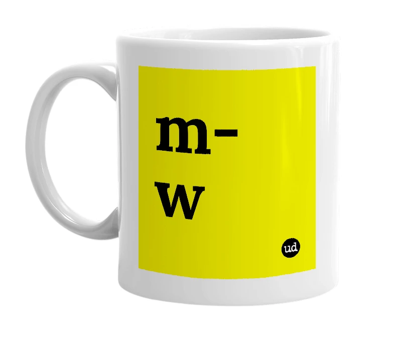 White mug with 'm-w' in bold black letters