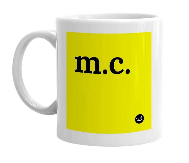 White mug with 'm.c.' in bold black letters