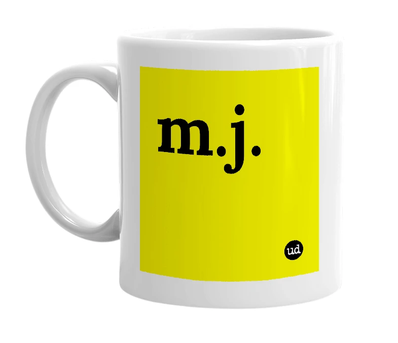 White mug with 'm.j.' in bold black letters