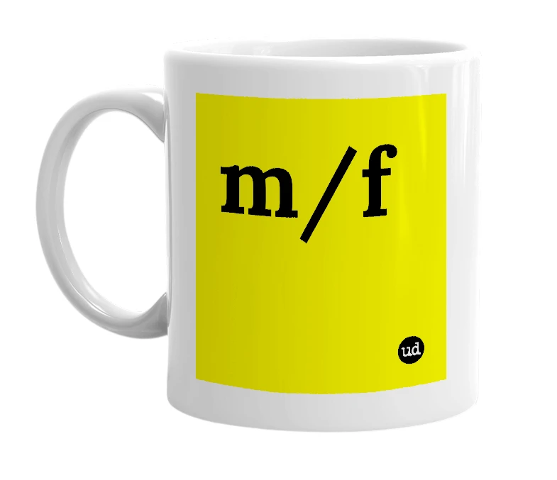 White mug with 'm/f' in bold black letters