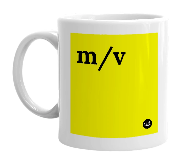 White mug with 'm/v' in bold black letters