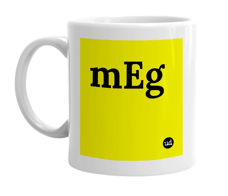 White mug with 'mEg' in bold black letters