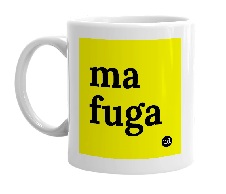 White mug with 'ma fuga' in bold black letters