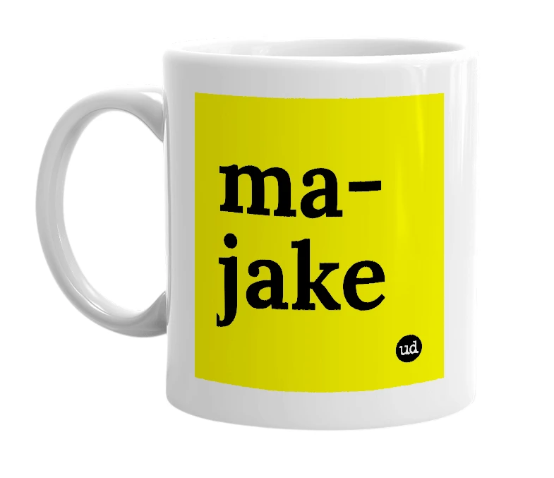 White mug with 'ma-jake' in bold black letters