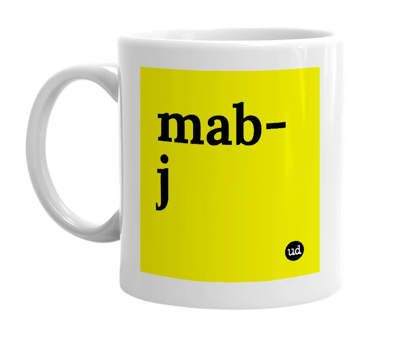 White mug with 'mab-j' in bold black letters