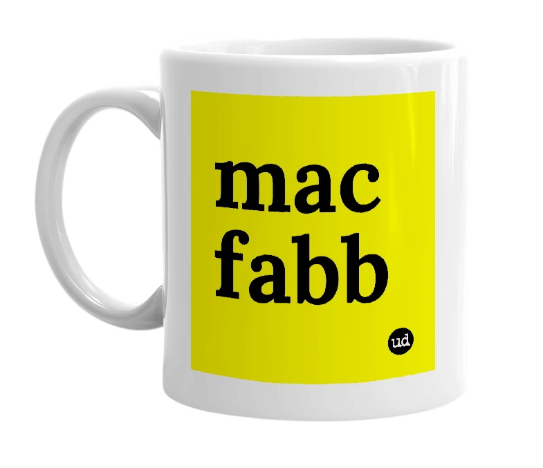 White mug with 'mac fabb' in bold black letters