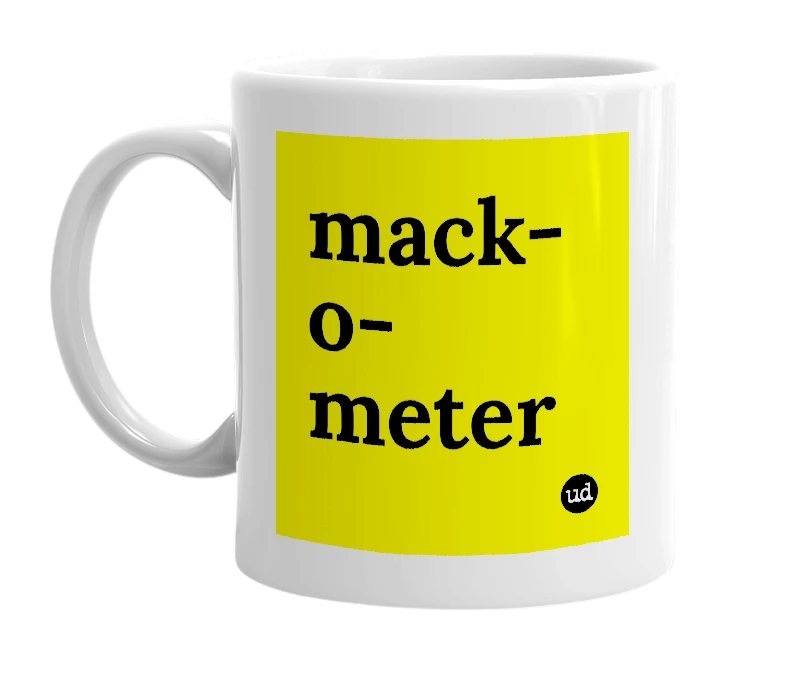 White mug with 'mack-o-meter' in bold black letters