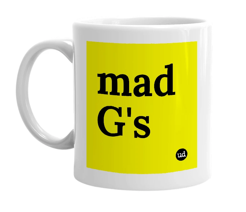 White mug with 'mad G's' in bold black letters