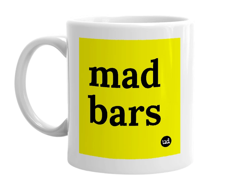White mug with 'mad bars' in bold black letters