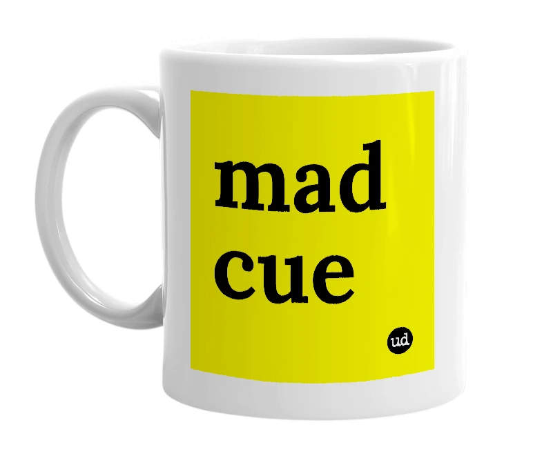 White mug with 'mad cue' in bold black letters