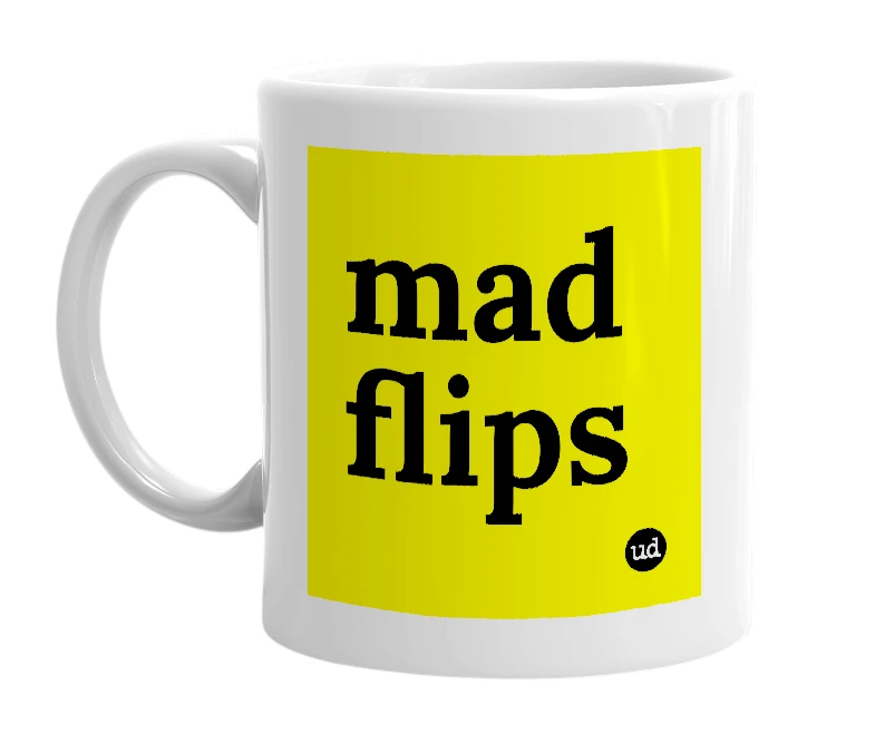 White mug with 'mad flips' in bold black letters
