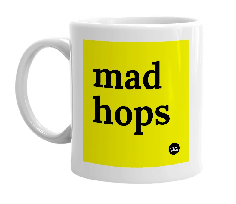 White mug with 'mad hops' in bold black letters