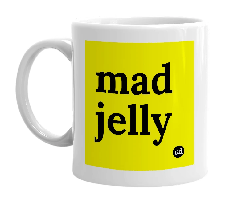 White mug with 'mad jelly' in bold black letters