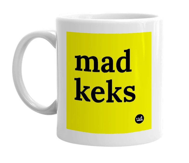 White mug with 'mad keks' in bold black letters