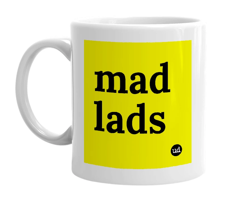White mug with 'mad lads' in bold black letters