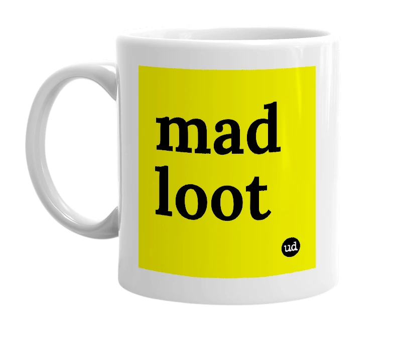 White mug with 'mad loot' in bold black letters