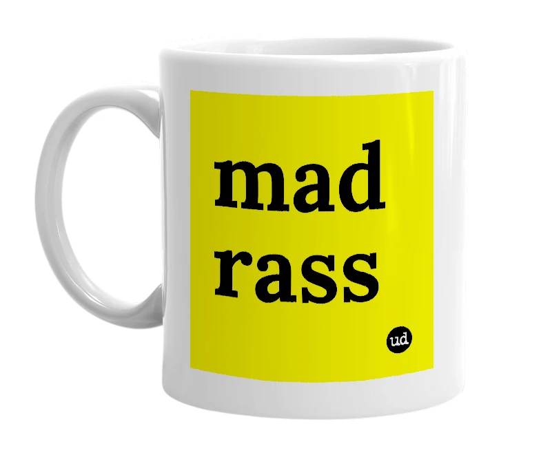White mug with 'mad rass' in bold black letters