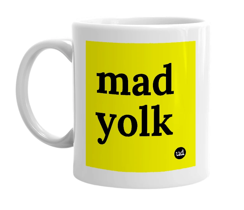 White mug with 'mad yolk' in bold black letters