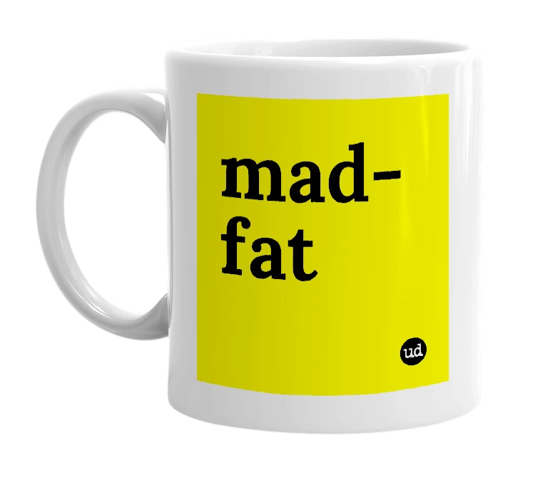 White mug with 'mad-fat' in bold black letters