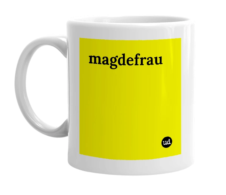 White mug with 'magdefrau' in bold black letters